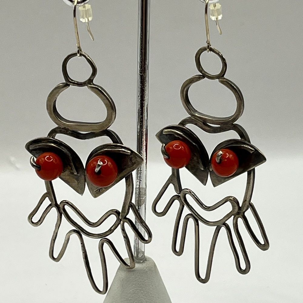 Artistic Coral & Silver Hand Forged Earrings
